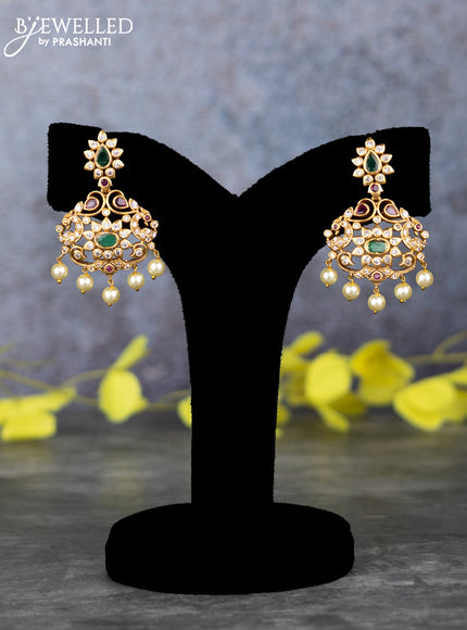 Pearl triple layer haram with kemp & cz stones and pearl beads hangings