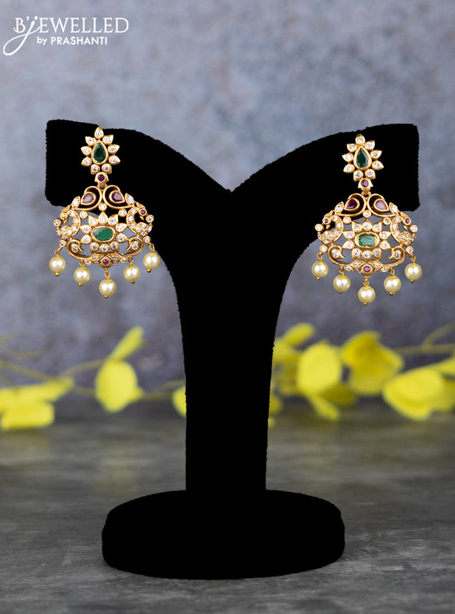 Pearl triple layer haram with kemp & cz stones and pearl beads hangings