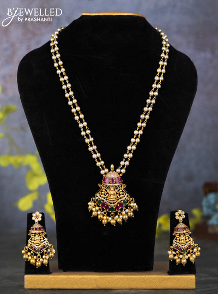 Pearl double layer haram lakshmi pendant with kemp & cz stones and pearl & golden beads hangings