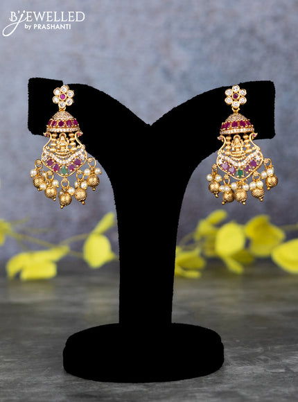 Pearl double layer haram lakshmi pendant with kemp & cz stones and pearl & golden beads hangings