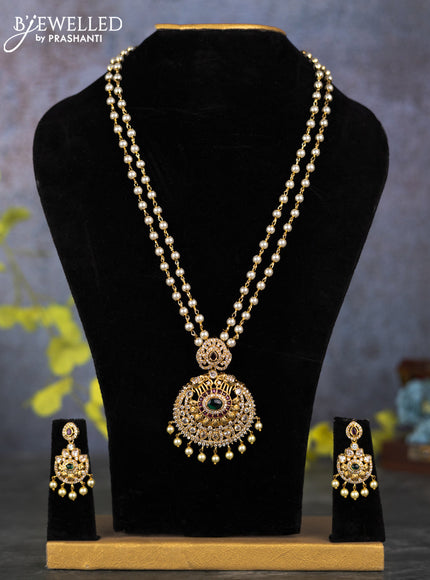 Pearl double layer haram elephant design with kemp & cz stones and pearl hangings