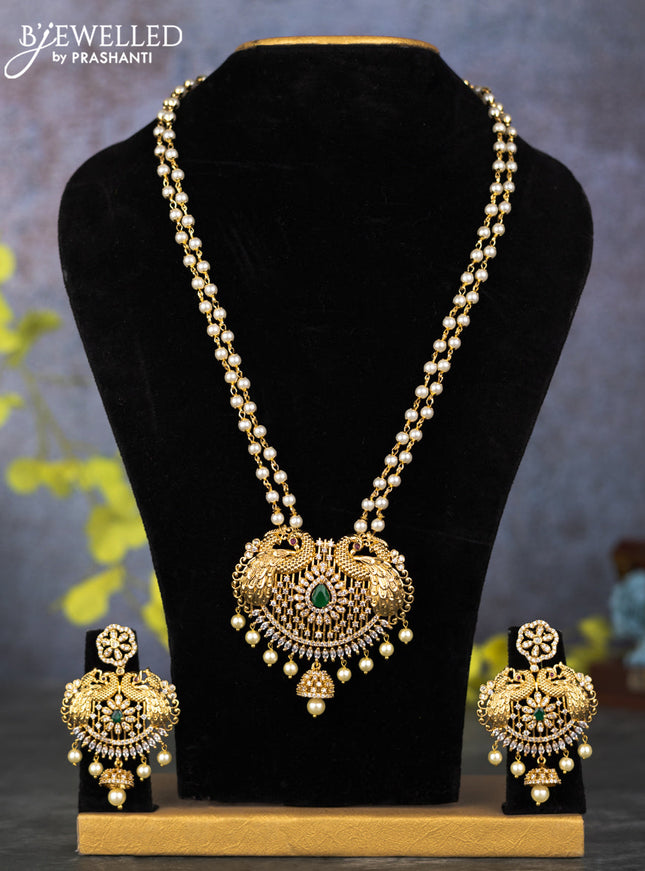 Pearl double layer haram peacock design with emerald & cz stones and pearl hangings