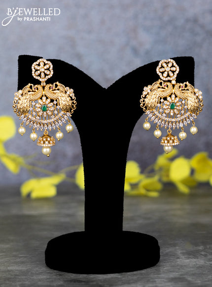 Pearl double layer haram peacock design with emerald & cz stones and pearl hangings