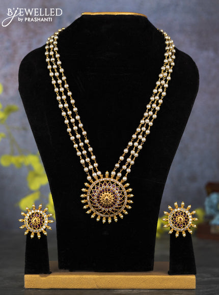 Pearl triple layer haram with ruby and cz stones