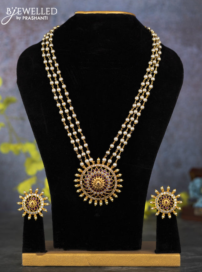 Pearl triple layer haram with ruby and cz stones