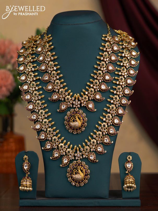Antique combo set manga & peacock design with kemp & kundan stones and pearls