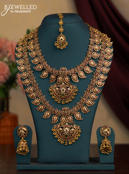 Antique combo set manga pattern with kemp & cz stones and golden beads hangings