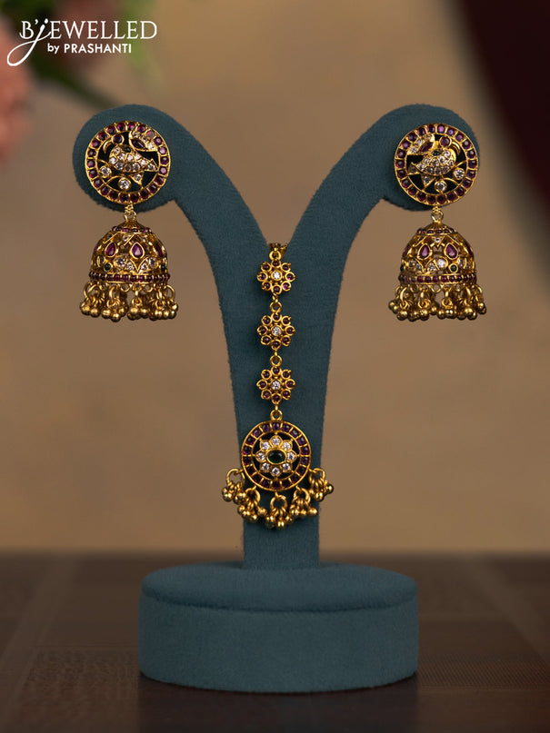 Antique combo set manga pattern with kemp & cz stones and golden beads hangings