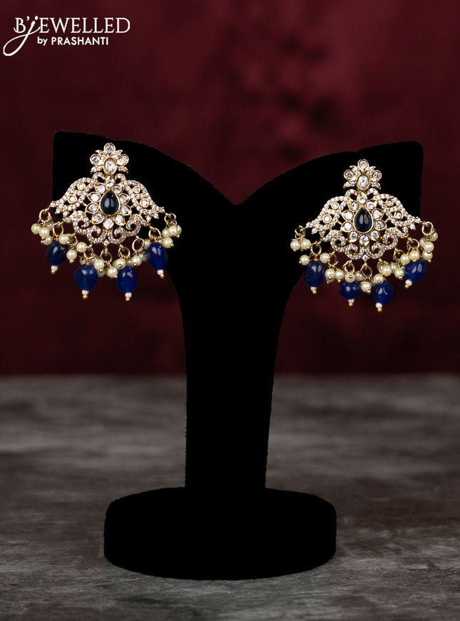 Beaded double layer blue haram with sapphire & kundan cz stones and pearl & beads hangings in victorian finish