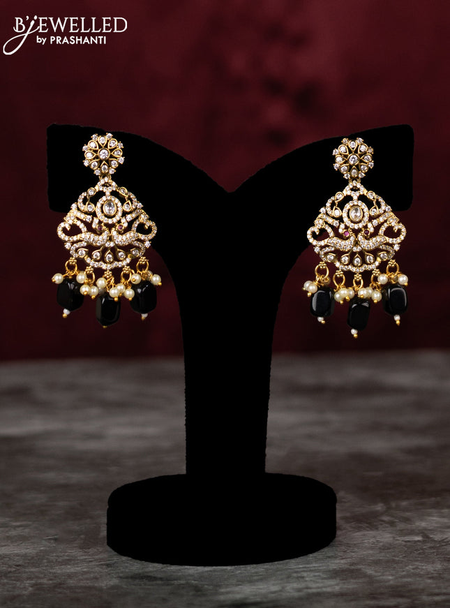 Beaded double layer black haram peacock design with cz stones and pearl & beads hangings in victorian finish