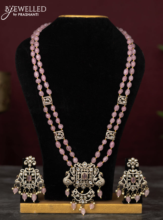 Beaded double layer baby pink haram peacock design with kundan cz stones and pearl & beads hangings in victorian finish