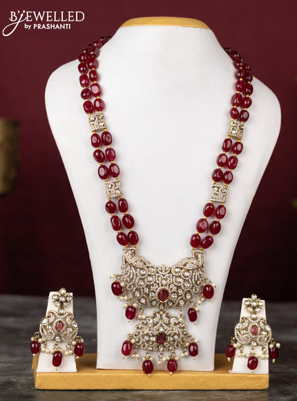 Beaded double layer maroon necklace peacock design with ruby & kundan cz stones and pearl & beads hangings in victorian finish