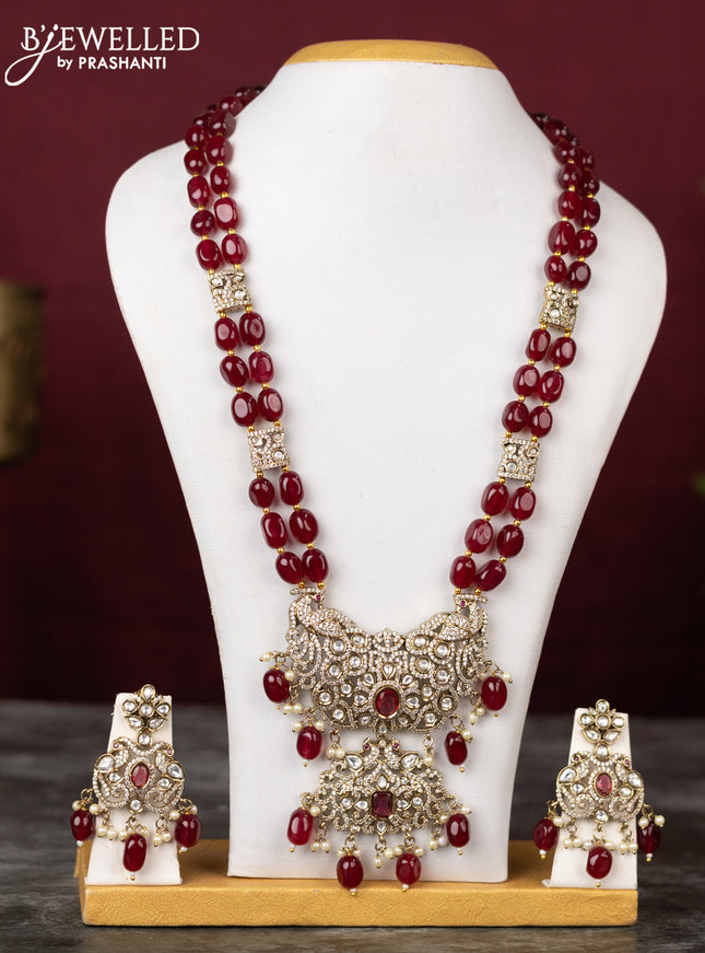 Beaded double layer maroon haram peacock design with ruby & kundan cz stones and pearl & beads hangings in victorian finish