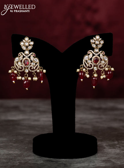 Beaded double layer maroon necklace peacock design with ruby & kundan cz stones and pearl & beads hangings in victorian finish