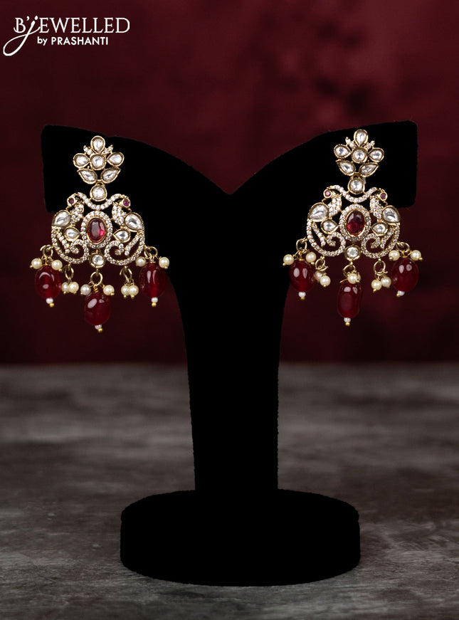 Beaded double layer maroon haram peacock design with ruby & kundan cz stones and pearl & beads hangings in victorian finish