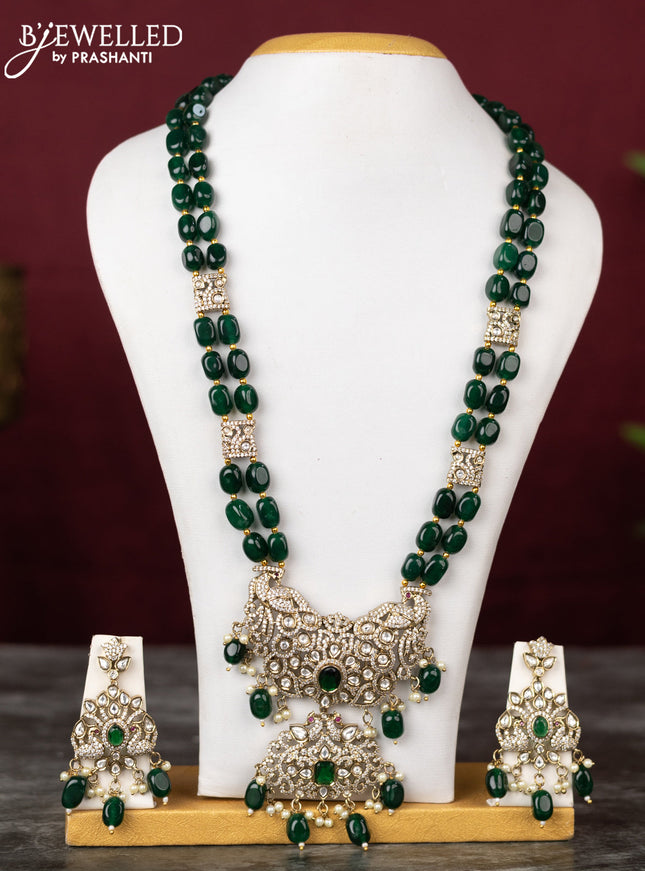 Beaded double layer green haram peacock design with emerald & kundan cz stones and pearl & beads hangings in victorian finish