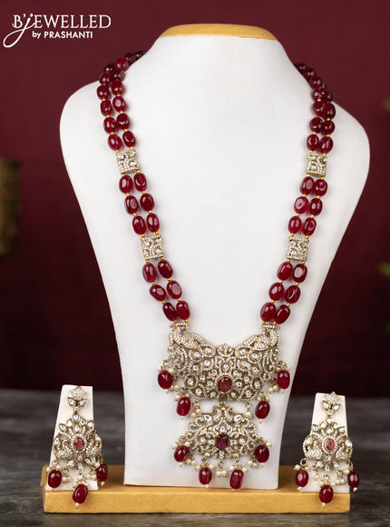 Beaded double layer maroon haram peacock design with ruby & kundan cz stones and pearl & beads hangings in victorian finish