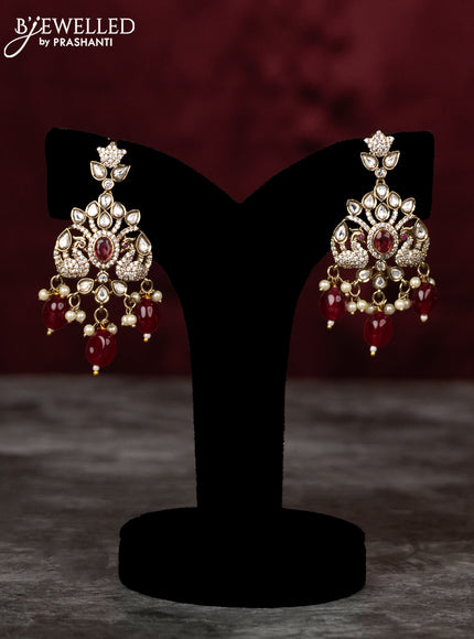 Beaded double layer maroon haram peacock design with ruby & kundan cz stones and pearl & beads hangings in victorian finish