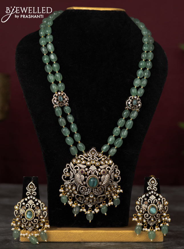 Beaded double layer mint green haram parrot desgin with kundan & cz stones and pearl & beads hangings in victorian finish