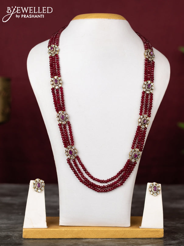 Beaded triple layer maroon necklace with ruby and cz stones in victorian finish