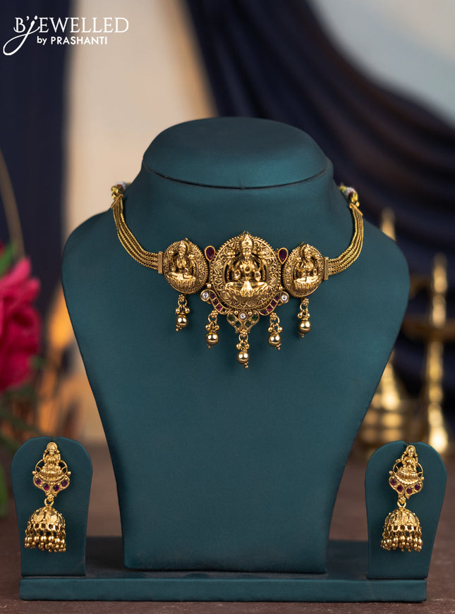 Antique attigai necklace lakshmi pendant with kemp & kundan stones and golden beads hangings