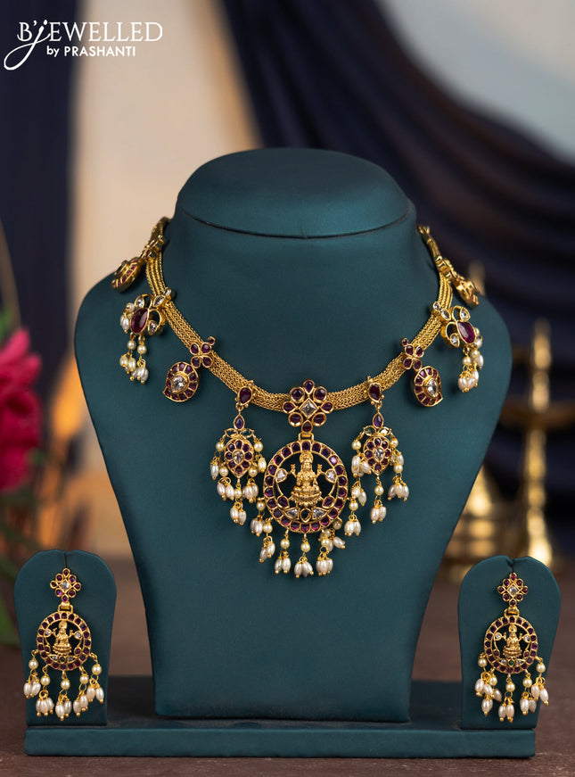 Antique attigai necklace lakshmi & manga design with kemp & cz stones and pearl hanings