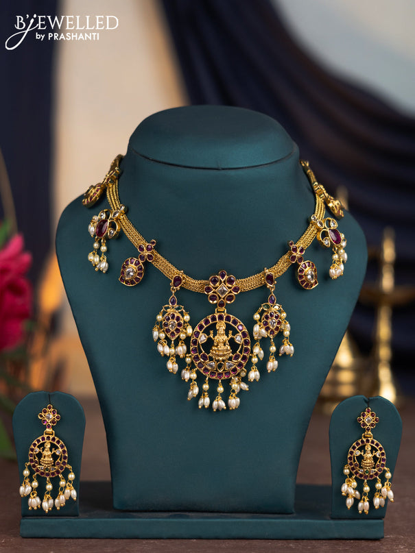 Antique attigai necklace lakshmi & manga design with kemp & cz stones and pearl hanings