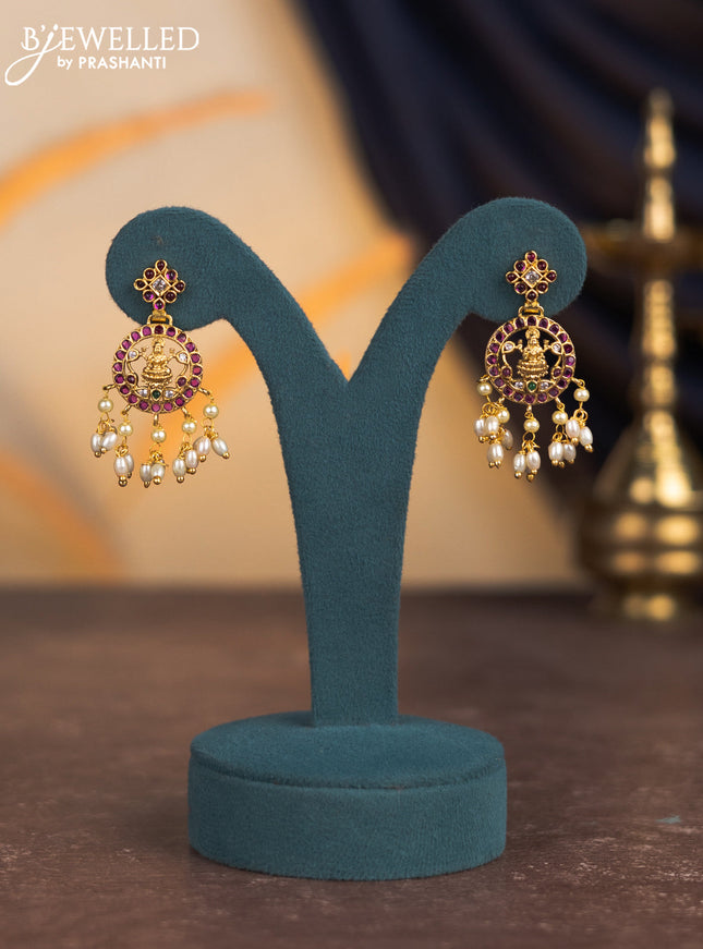 Antique attigai necklace lakshmi & manga design with kemp & cz stones and pearl hanings