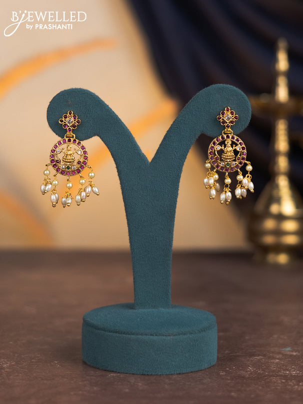 Antique attigai necklace lakshmi & manga design with kemp & cz stones and pearl hanings