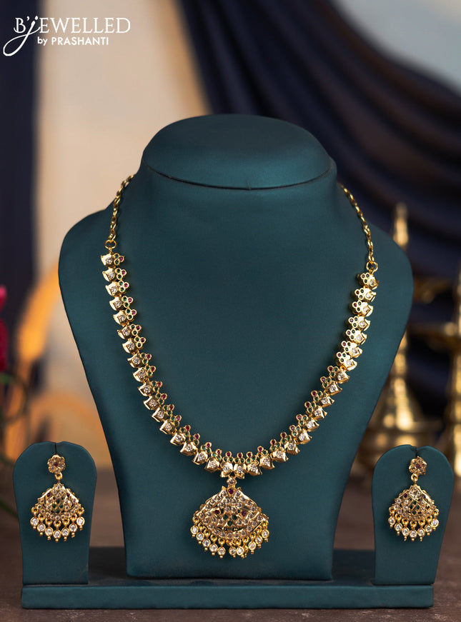 Attigai necklace manga pattern with kemp & cz stones and hangings in gold finish