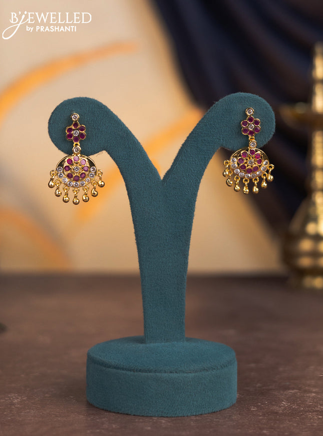 Attigai necklace with ruby & cz stones and golden beads hangings in gold finish