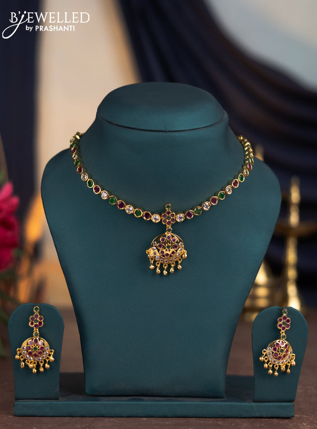 Attigai necklace with kemp & cz stones and golden beads hangings in gold finish