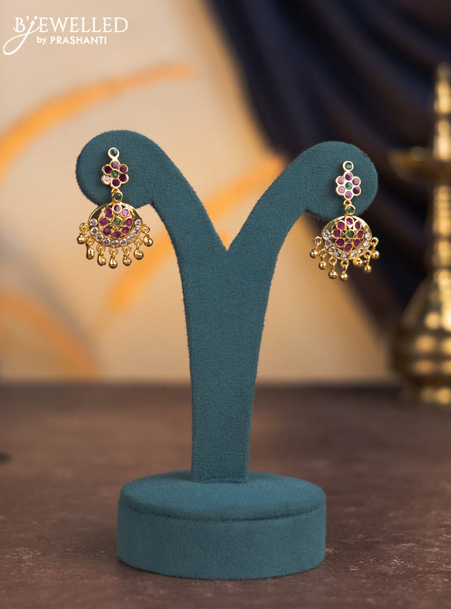 Attigai necklace with kemp & cz stones and golden beads hangings in gold finish