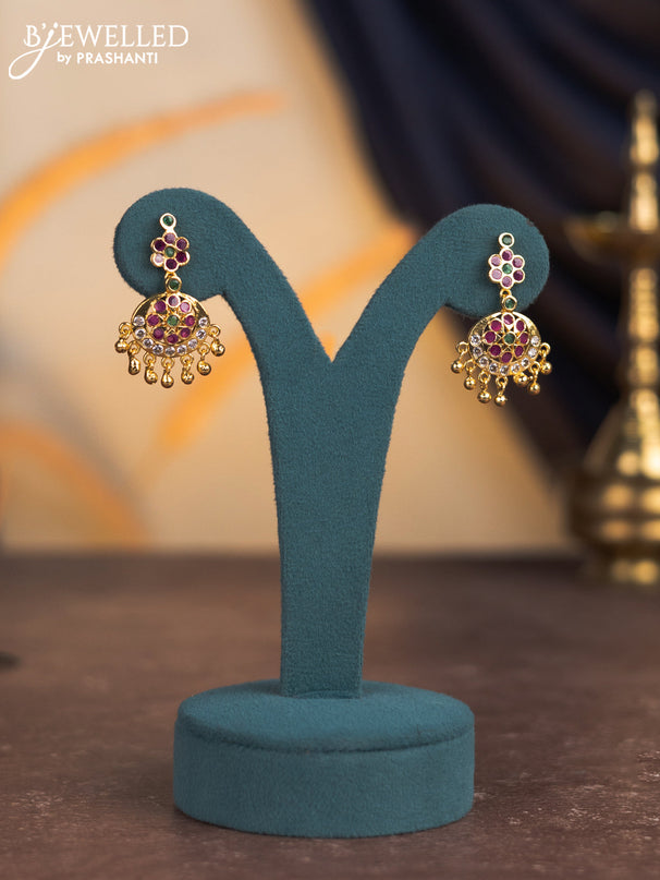 Attigai necklace with kemp & cz stones and golden beads hangings in gold finish