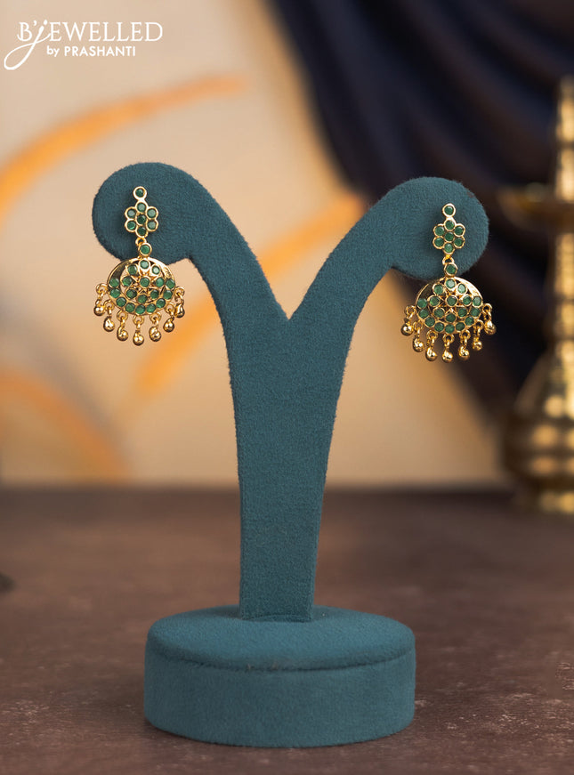 Attigai necklace with emerald stones and golden beads hangings in gold finish