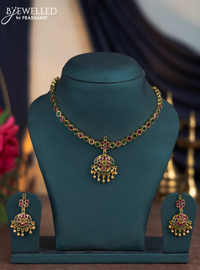 Attigai necklace with kemp stones and golden beads hangings in gold finish