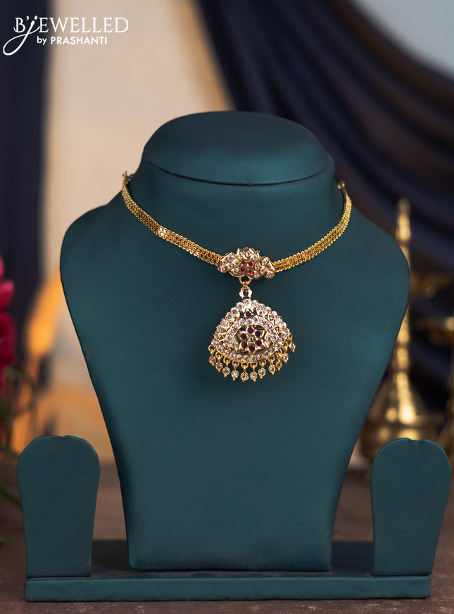 Attigai necklace with ruby & cz stones and hangings in gold finish without earrings