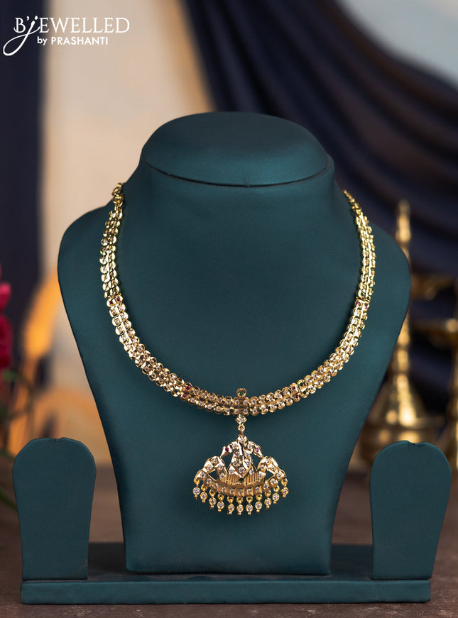 Attigai necklace with kemp & cz stones and hangings in gold finish without earrings
