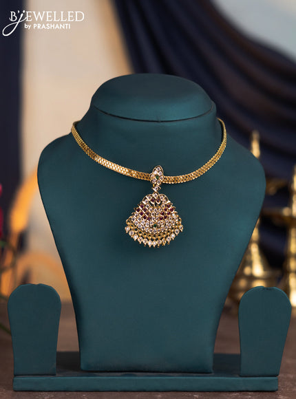 Attigai necklace with kemp & cz stones and hangings in gold finish without earrings