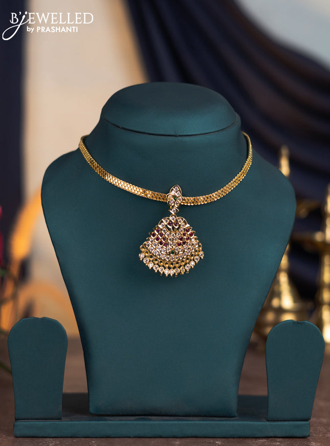 Attigai necklace with kemp & cz stones and hangings in gold finish without earrings