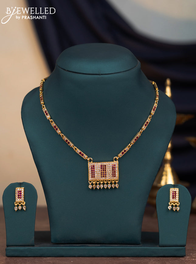 Attigai necklace with ruby & cz stones and hangings in gold finish