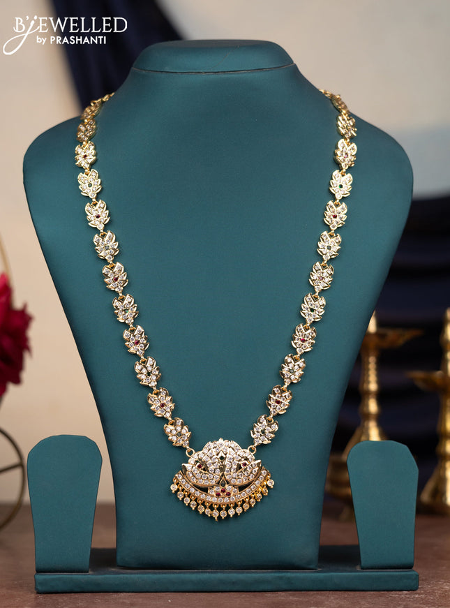Attigai haram with kemp & cz stones and hangings in gold finish without earrings