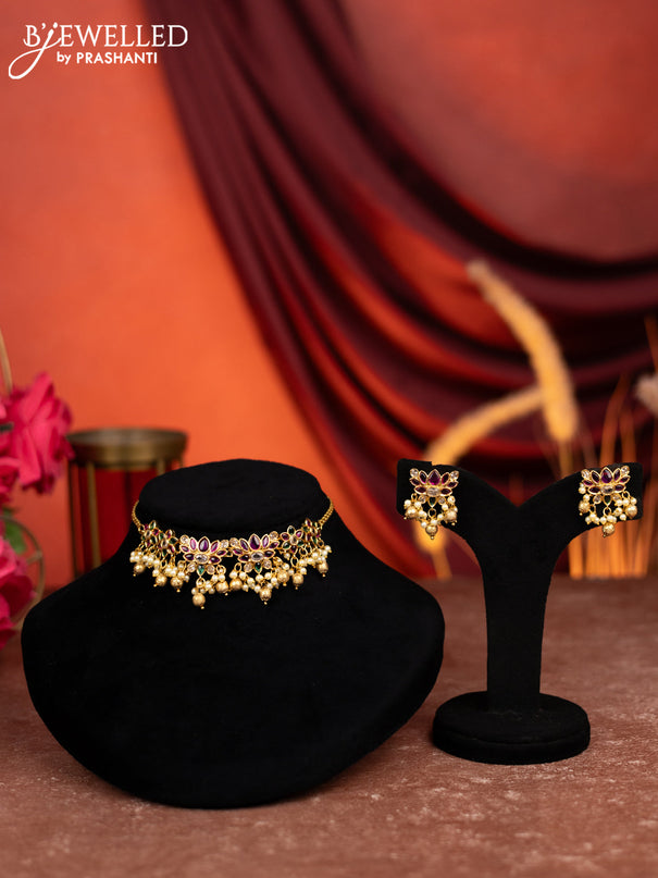 Antique choker lotus design with kemp & cz stones and pearl & golden beads hangings