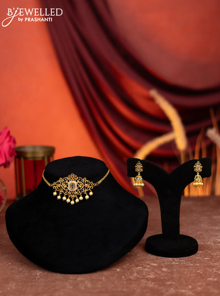 Antique choker with emerald & cz stones and pearl hangings