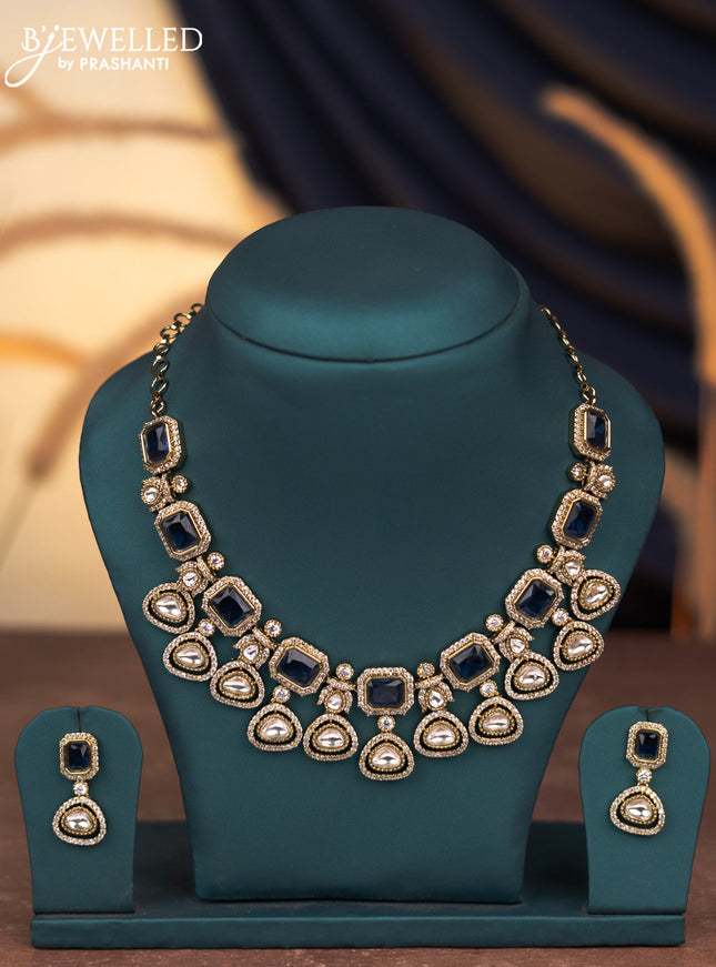 Necklace with sapphire & kundan and cz stones in victorian finish