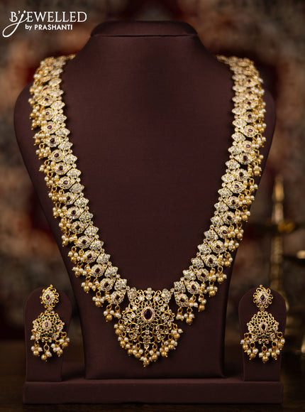 Antique guttapusalu haaram maang pattern with kemp & cz stones and pearl ,golden beads hangings