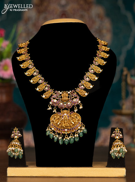 Antique necklace lakshmi & maanga pattern with kemp and cz stone and green beads hangings