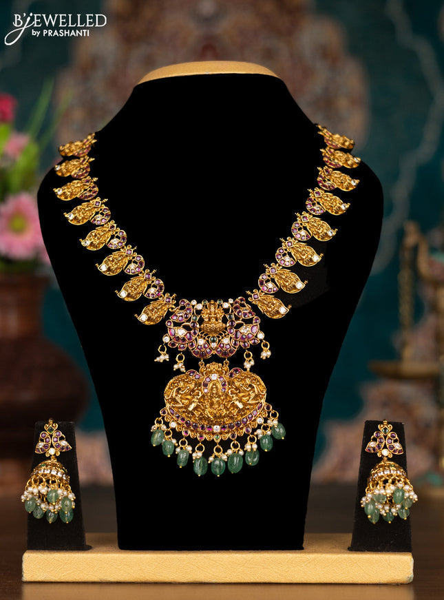 Antique necklace lakshmi & maanga pattern with kemp and cz stone and green beads hangings