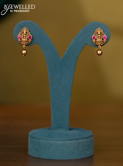 Pearl double layer necklace lakshmi pendant with pink jadau stones and golden beads hangings