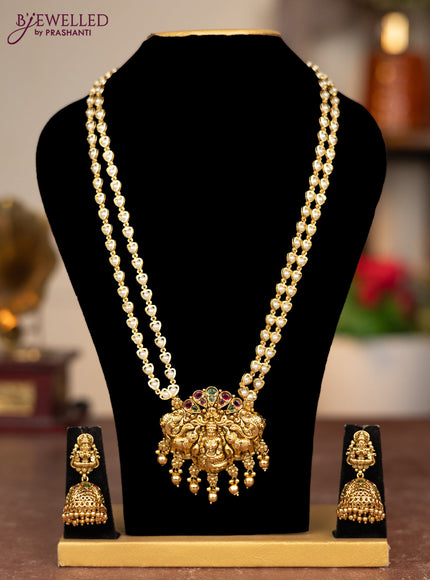 Pearl double layer haram lakshmi pendant with kemp stones and golden beads hangings
